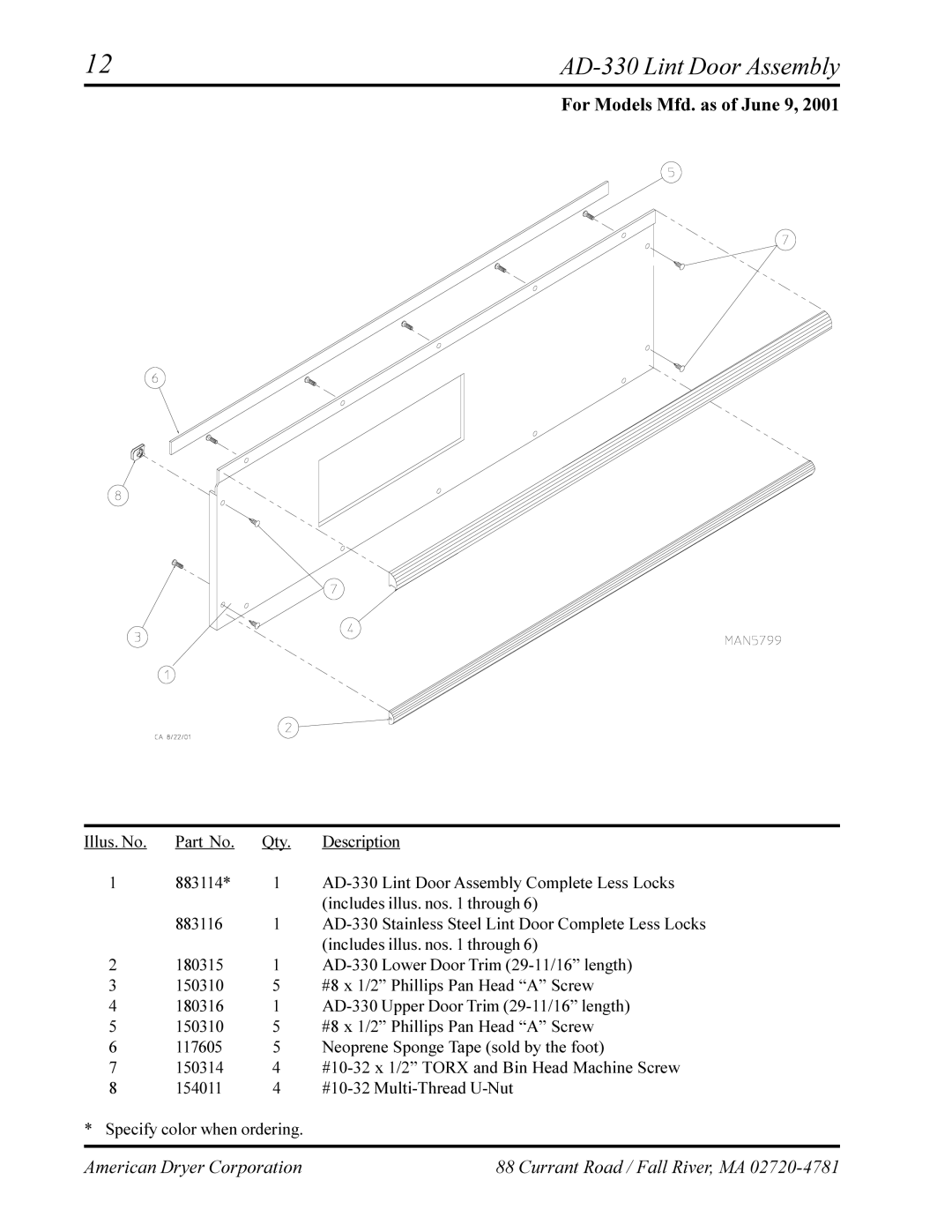 American Dryer Corp AD-320 manual AD-330 Lint Door Assembly, For Models Mfd. as of June 9 