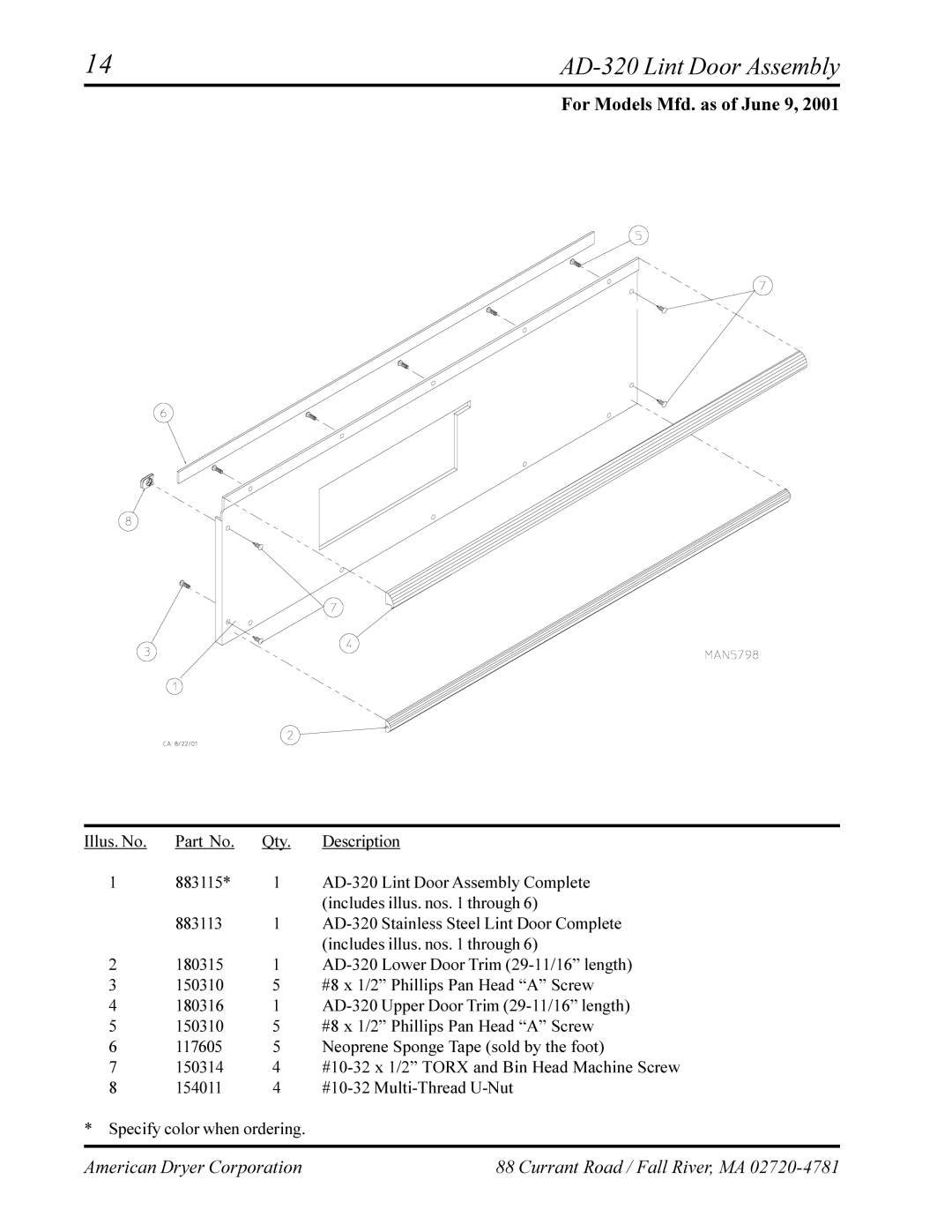 American Dryer Corp AD-330 manual AD-320 Lint Door Assembly 