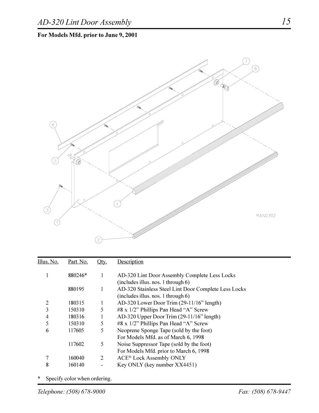 American Dryer Corp AD-330 manual AD-320 Lint Door Assembly 