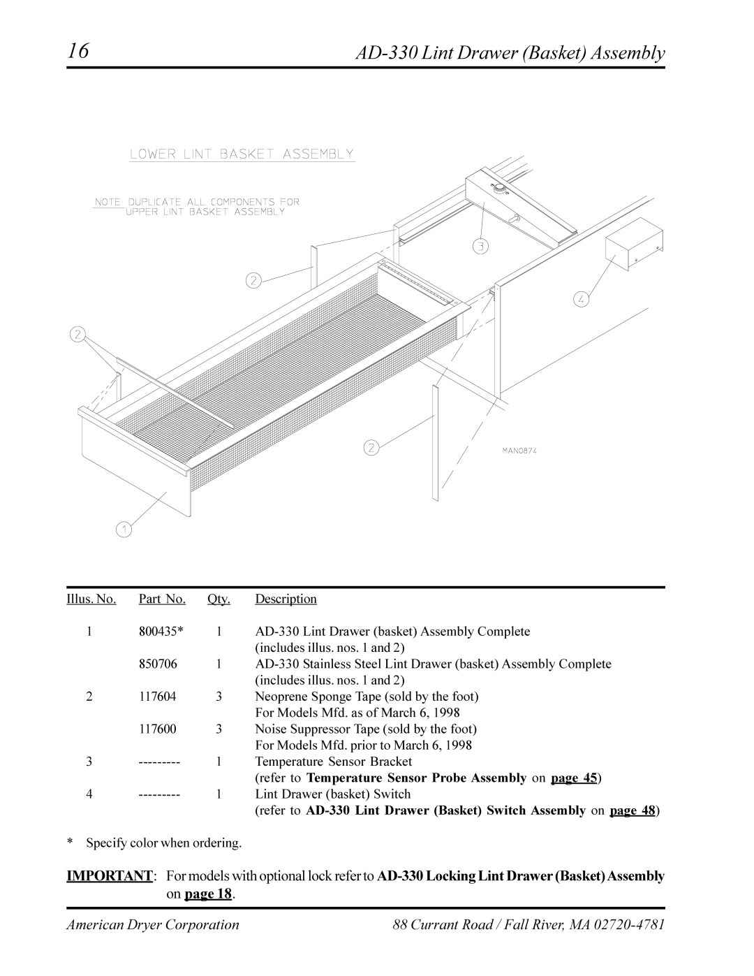 American Dryer Corp AD-320 manual AD-330 Lint Drawer Basket Assembly, Refer to Temperature Sensor Probe Assembly on 