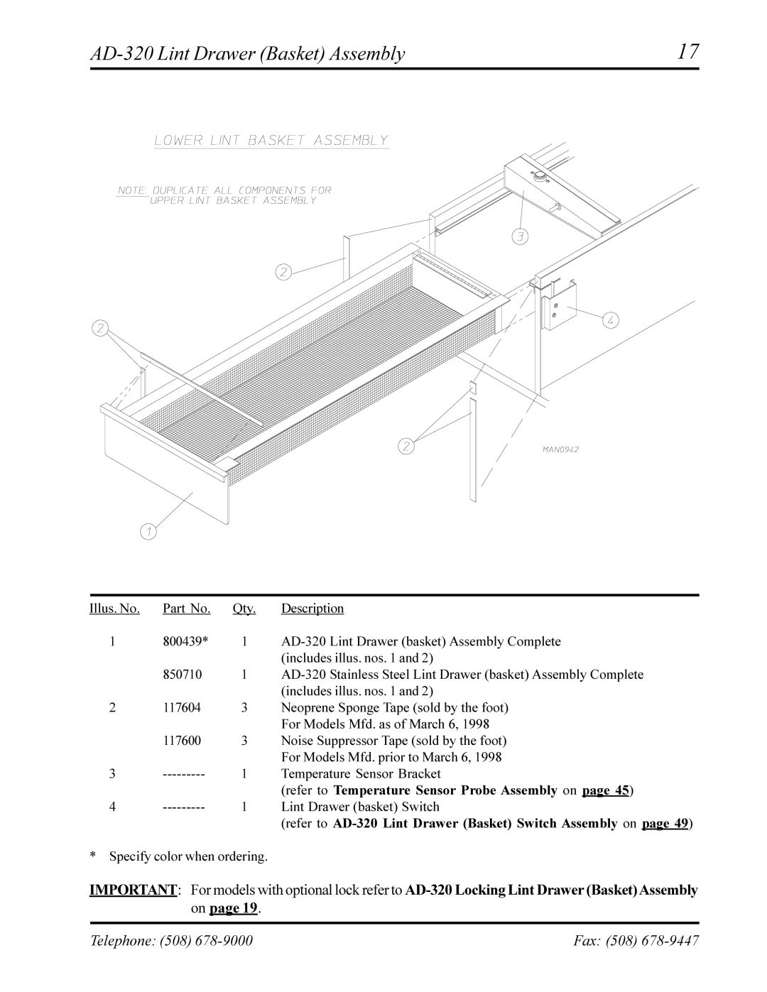 American Dryer Corp AD-330 manual AD-320 Lint Drawer Basket Assembly 