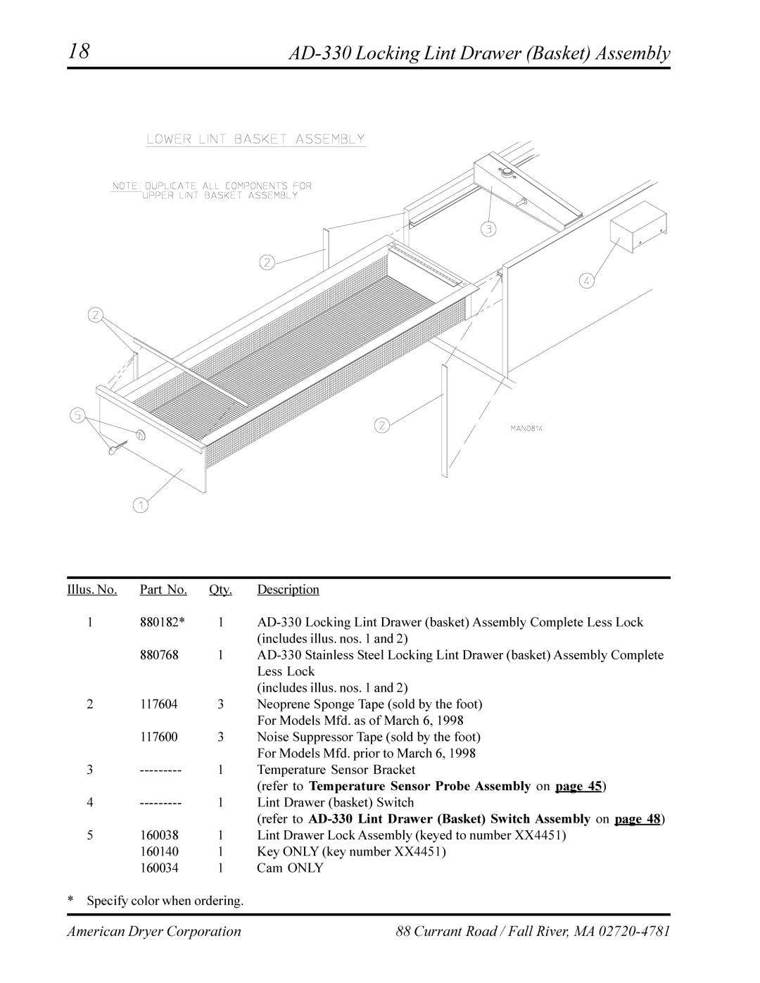 American Dryer Corp AD-320 manual AD-330 Locking Lint Drawer Basket Assembly 