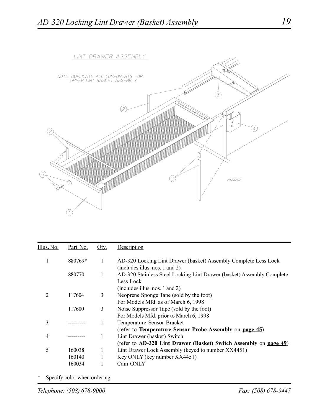 American Dryer Corp AD-330 manual AD-320 Locking Lint Drawer Basket Assembly 