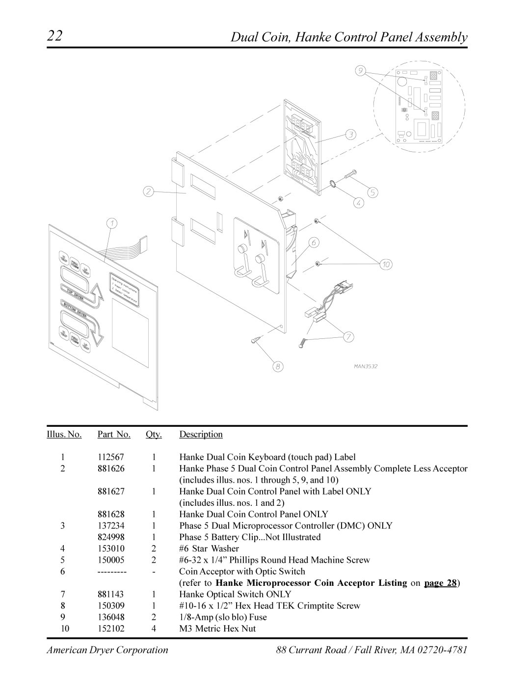 American Dryer Corp AD-320, AD-330 manual Dual Coin, Hanke Control Panel Assembly 