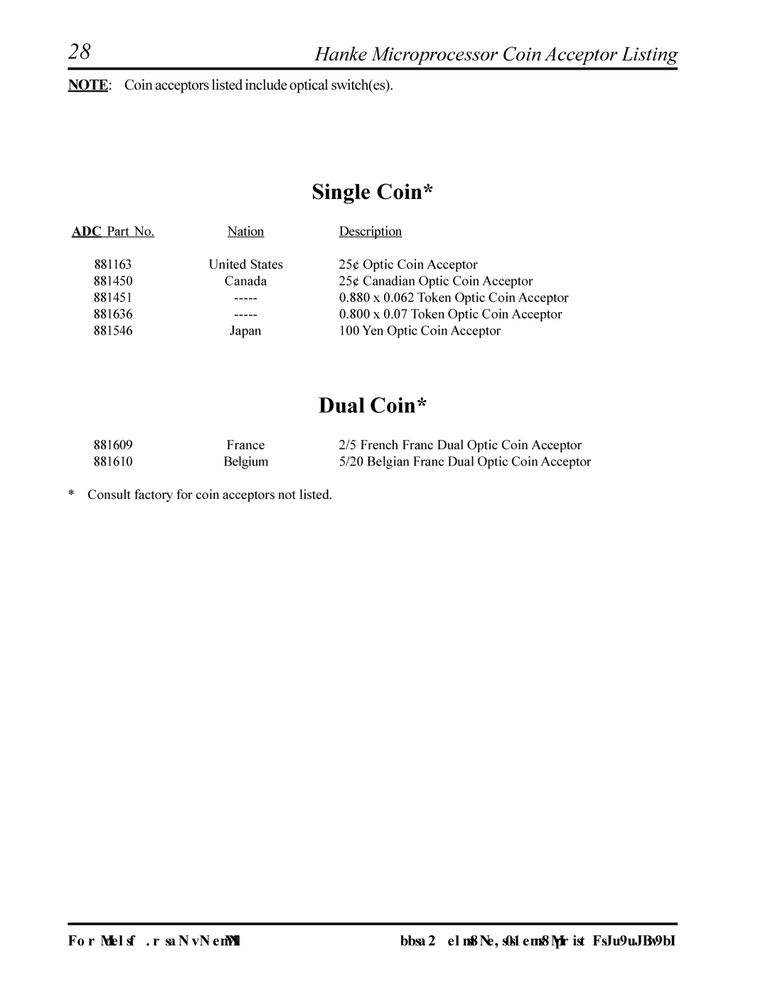 American Dryer Corp AD-320, AD-330 manual Single Coin, Hanke Microprocessor Coin Acceptor Listing 