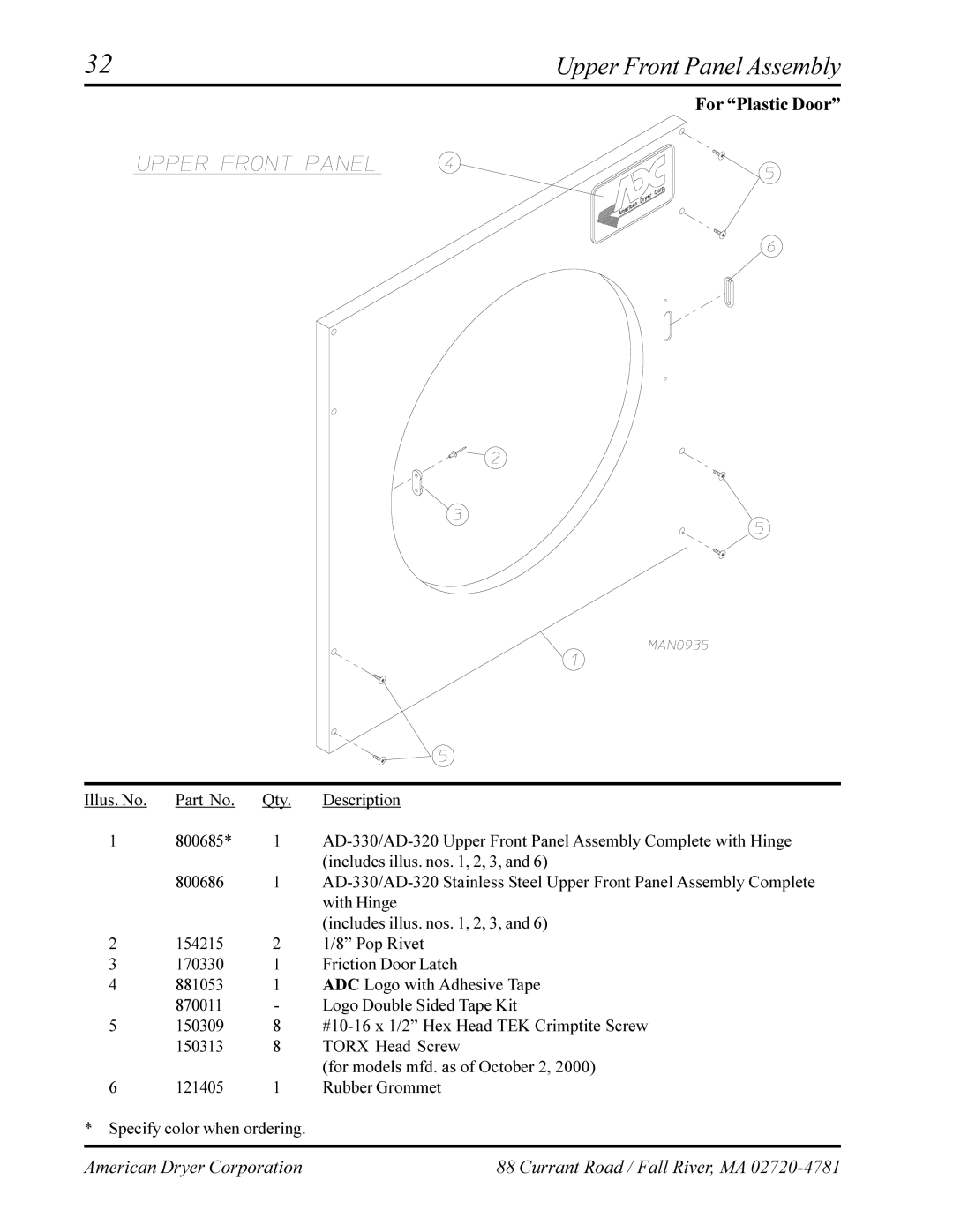 American Dryer Corp AD-320, AD-330 manual Upper Front Panel Assembly 