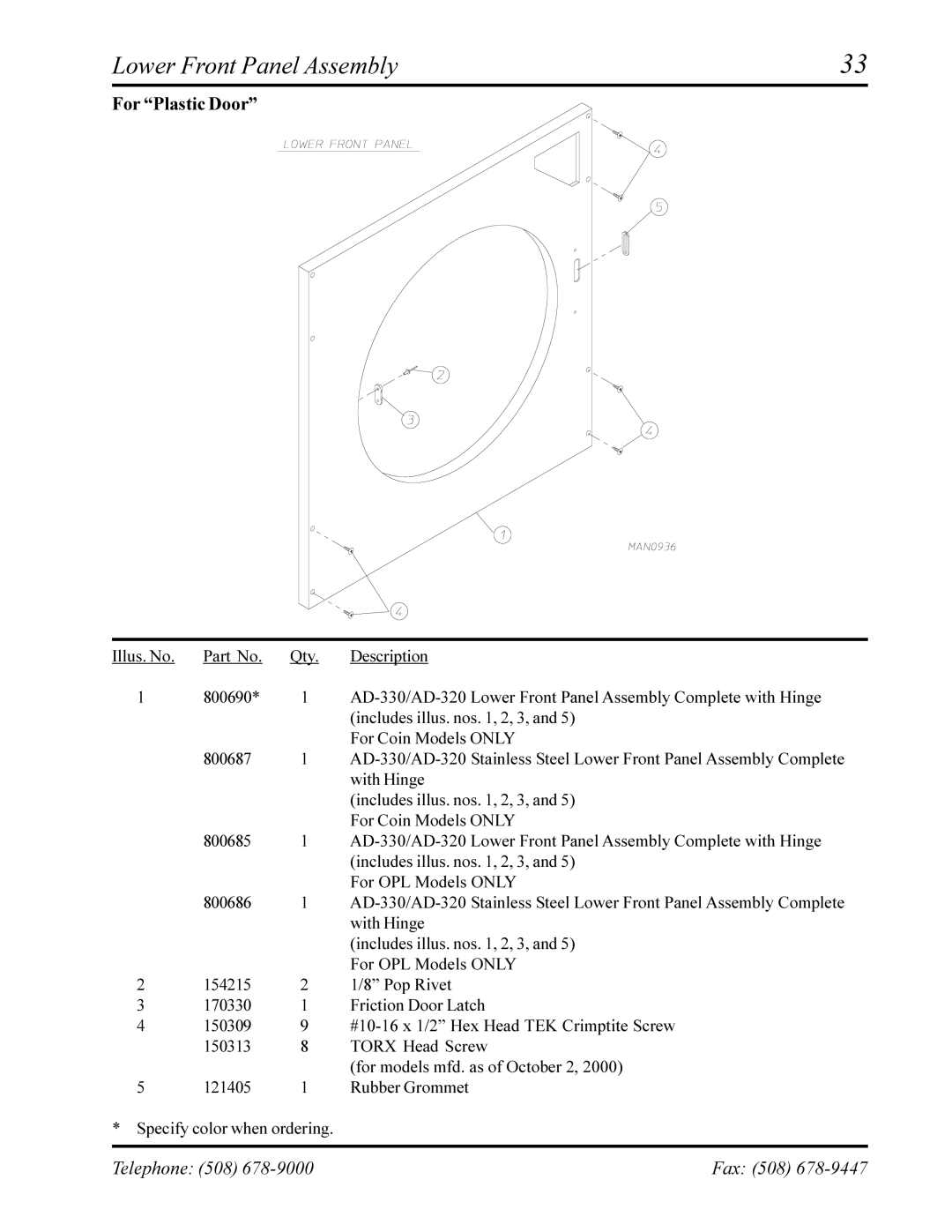 American Dryer Corp AD-330, AD-320 manual Lower Front Panel Assembly 