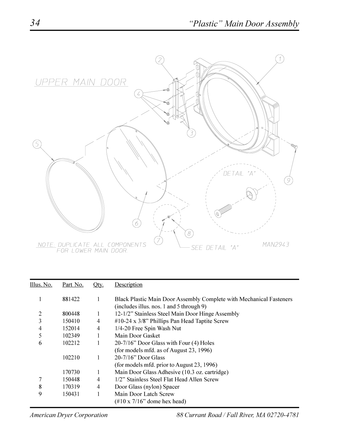 American Dryer Corp AD-320, AD-330 manual Plastic Main Door Assembly 