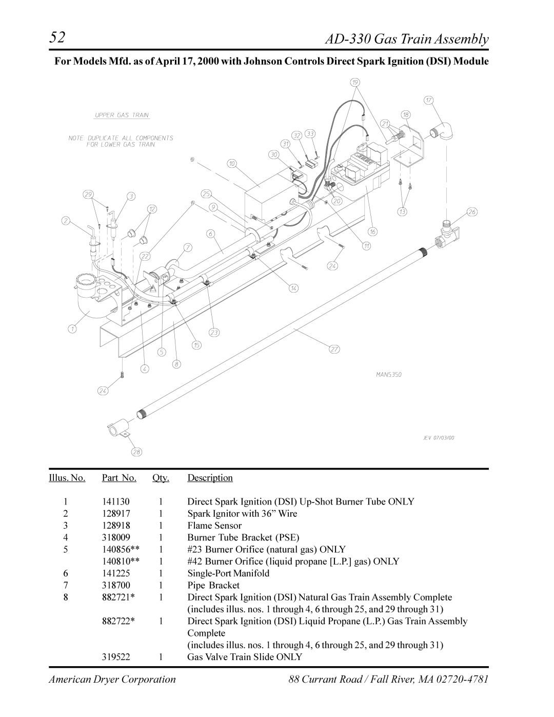 American Dryer Corp AD-320 manual AD-330 Gas Train Assembly 