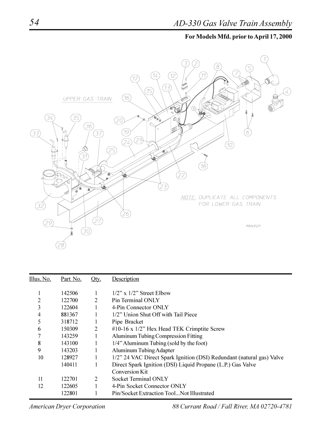 American Dryer Corp AD-320 manual AD-330 Gas Valve Train Assembly 