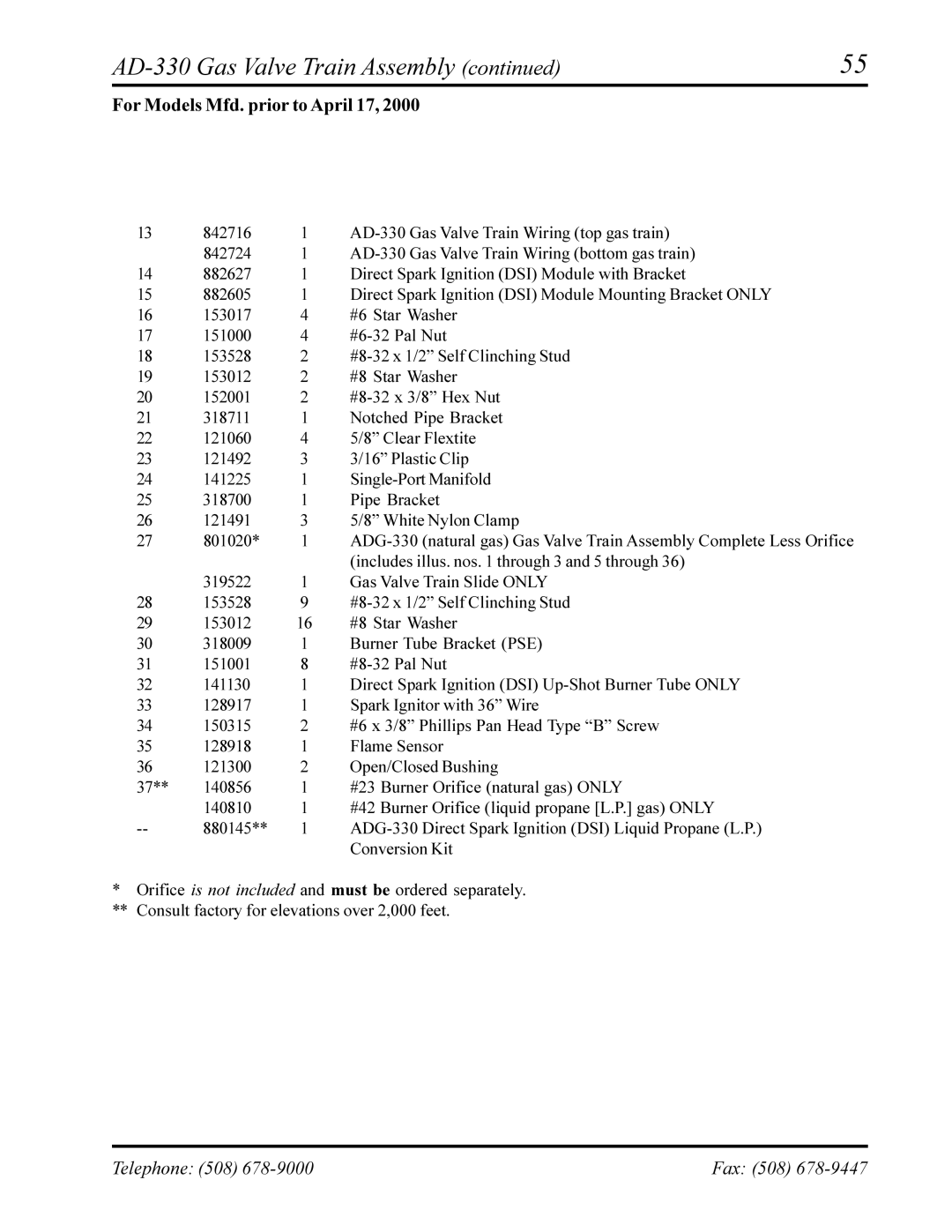 American Dryer Corp AD-320 manual AD-330 Gas Valve Train Assembly, For Models Mfd. prior to April 17 