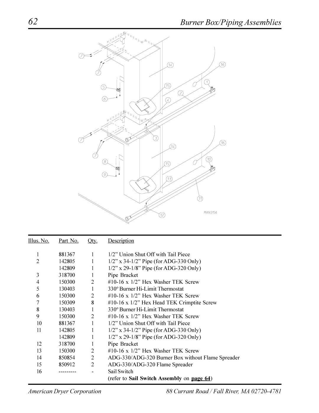 American Dryer Corp AD-320, AD-330 manual Burner Box/Piping Assemblies 