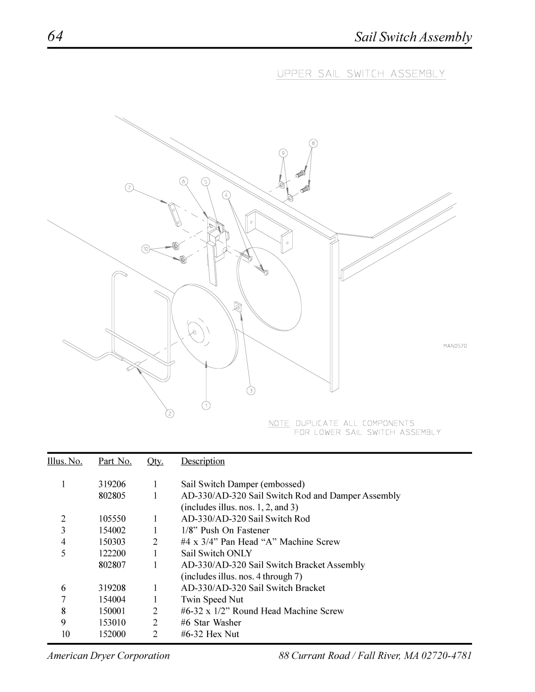 American Dryer Corp AD-320, AD-330 manual Sail Switch Assembly 