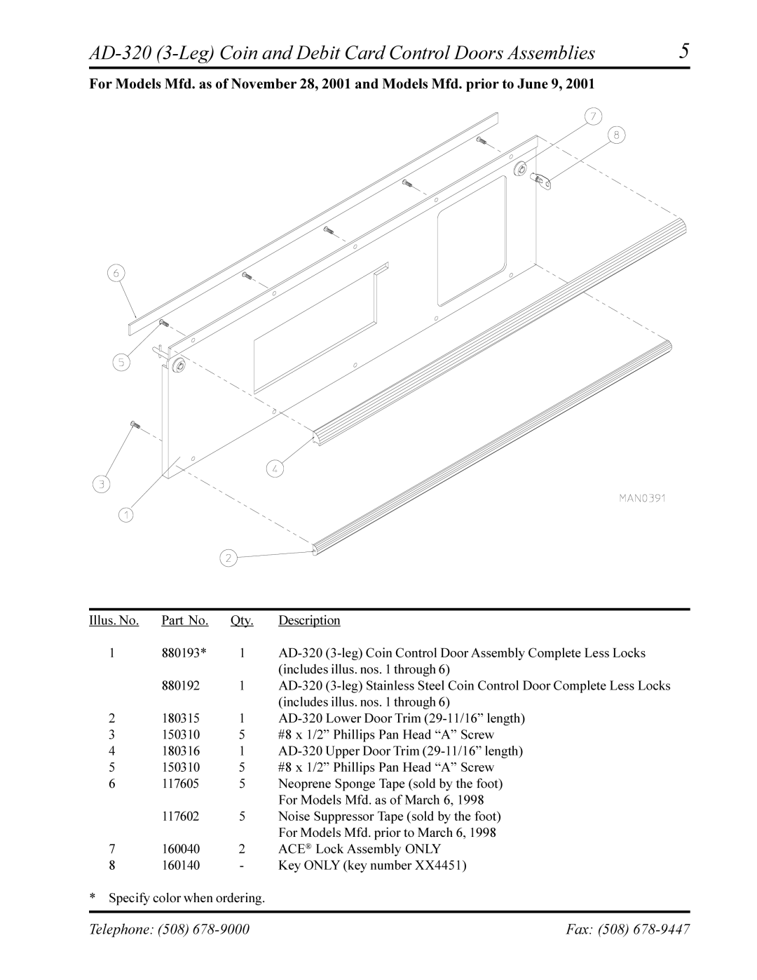 American Dryer Corp AD-330 manual AD-320 3-Leg Coin and Debit Card Control Doors Assemblies 