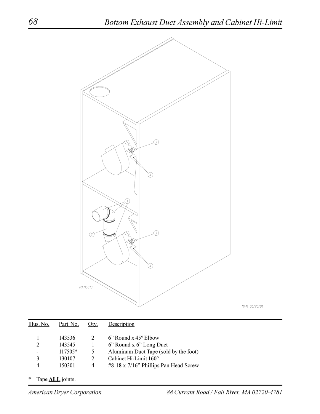 American Dryer Corp AD-320, AD-330 manual Bottom Exhaust Duct Assembly and Cabinet Hi-Limit 