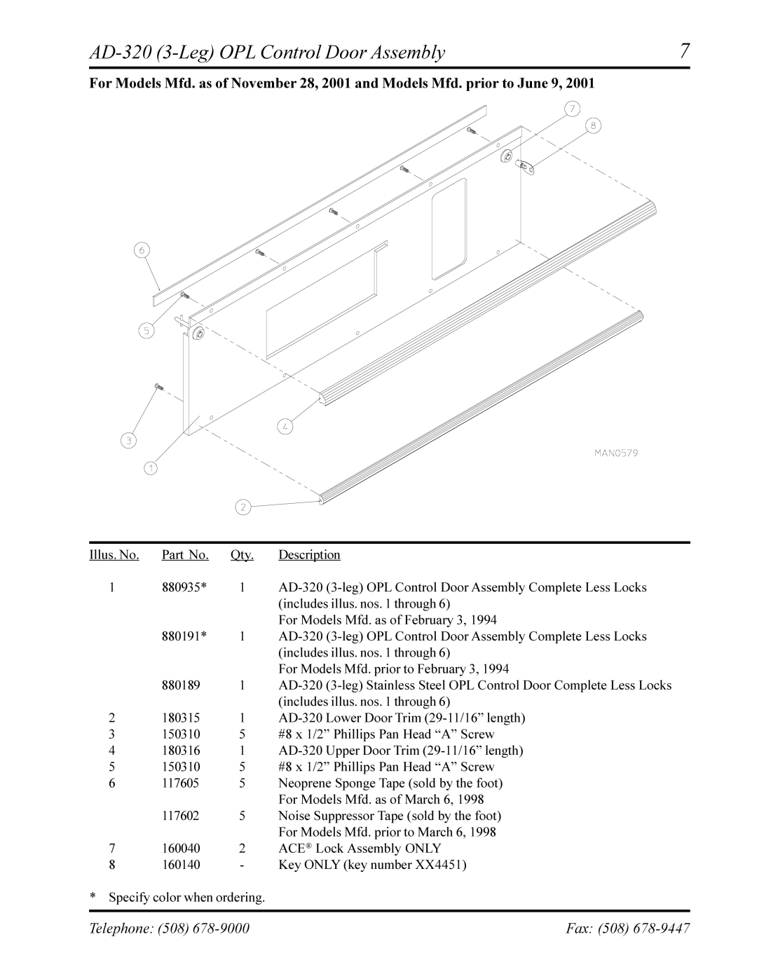 American Dryer Corp AD-330 manual AD-320 3-Leg OPL Control Door Assembly 