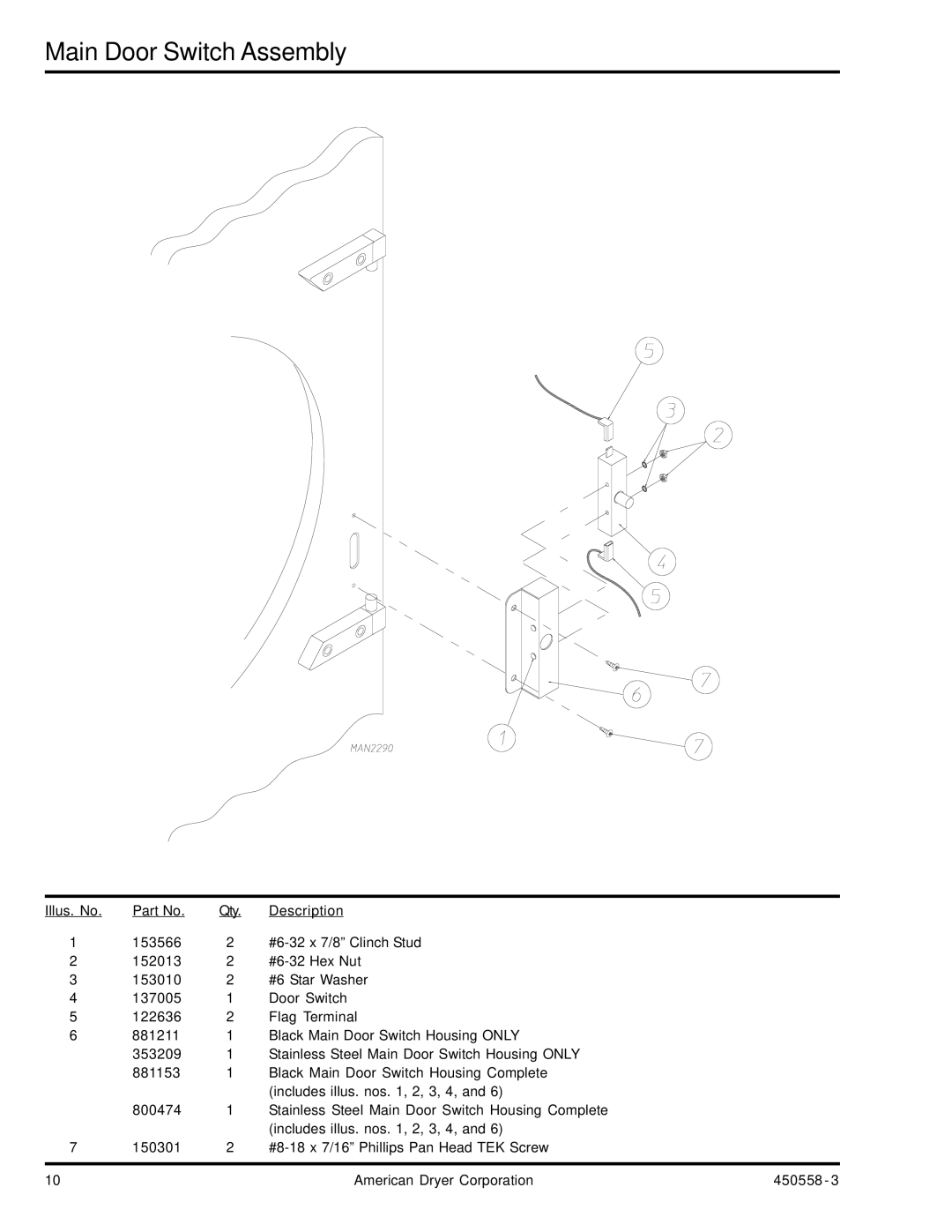 American Dryer Corp AD-360X2 manual Main Door Switch Assembly 