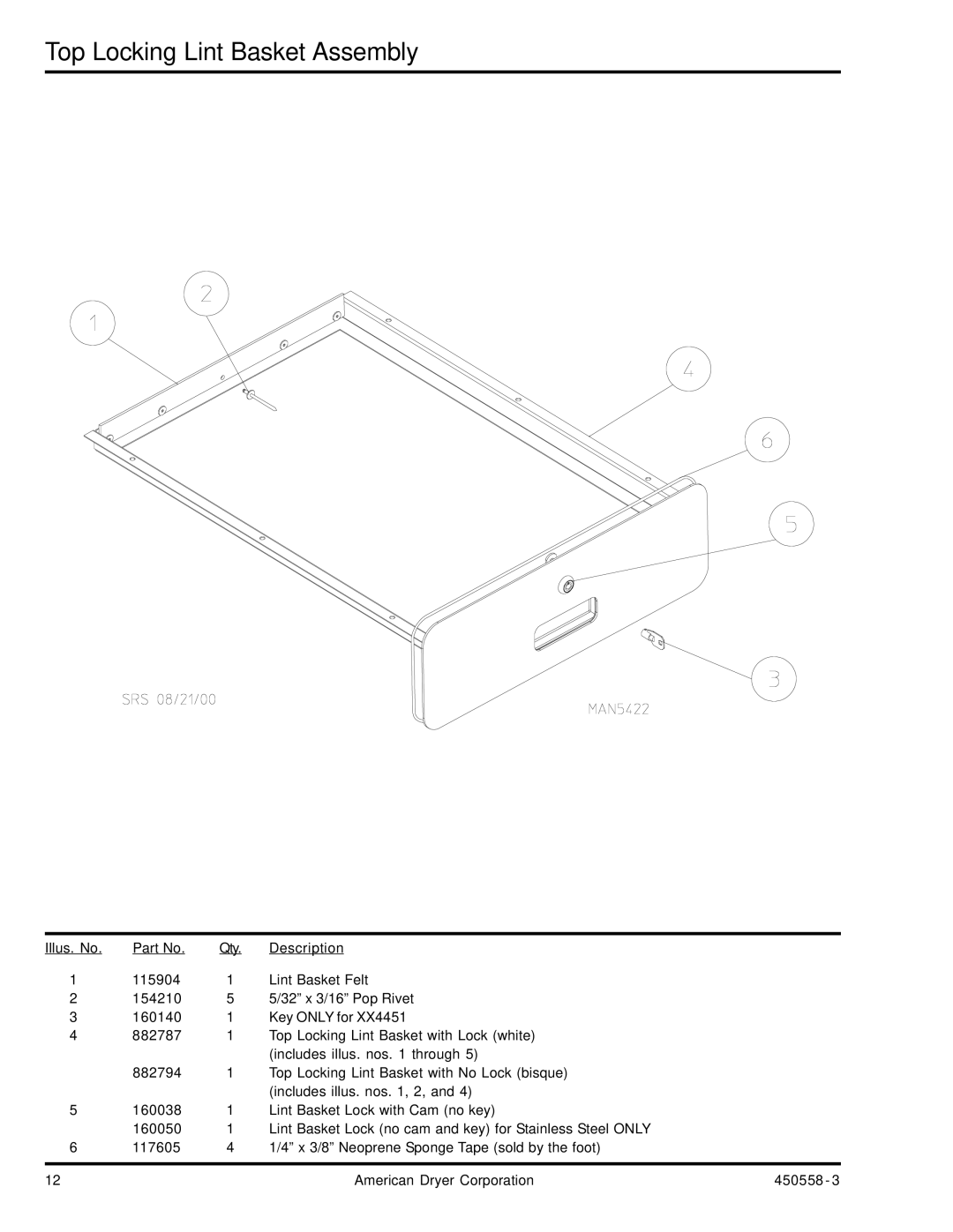 American Dryer Corp AD-360X2 manual Top Locking Lint Basket Assembly 