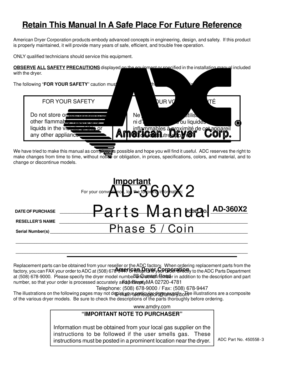 American Dryer Corp AD-360X2 manual Retain This Manual In a Safe Place For Future Reference 