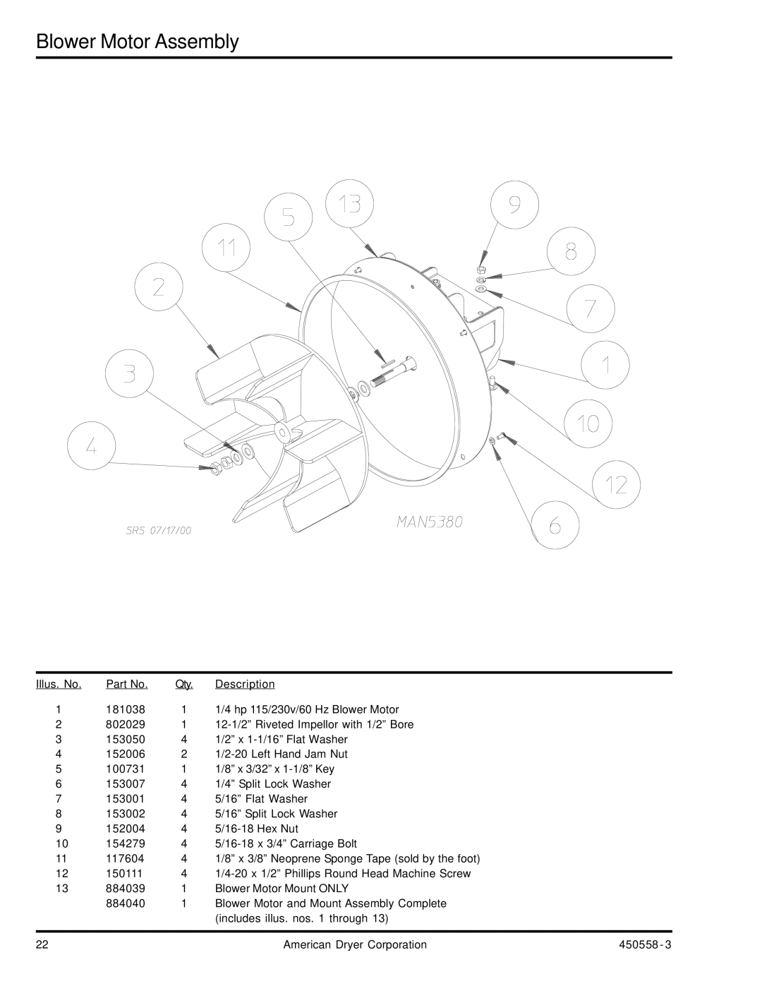 American Dryer Corp AD-360X2 manual Blower Motor Assembly 