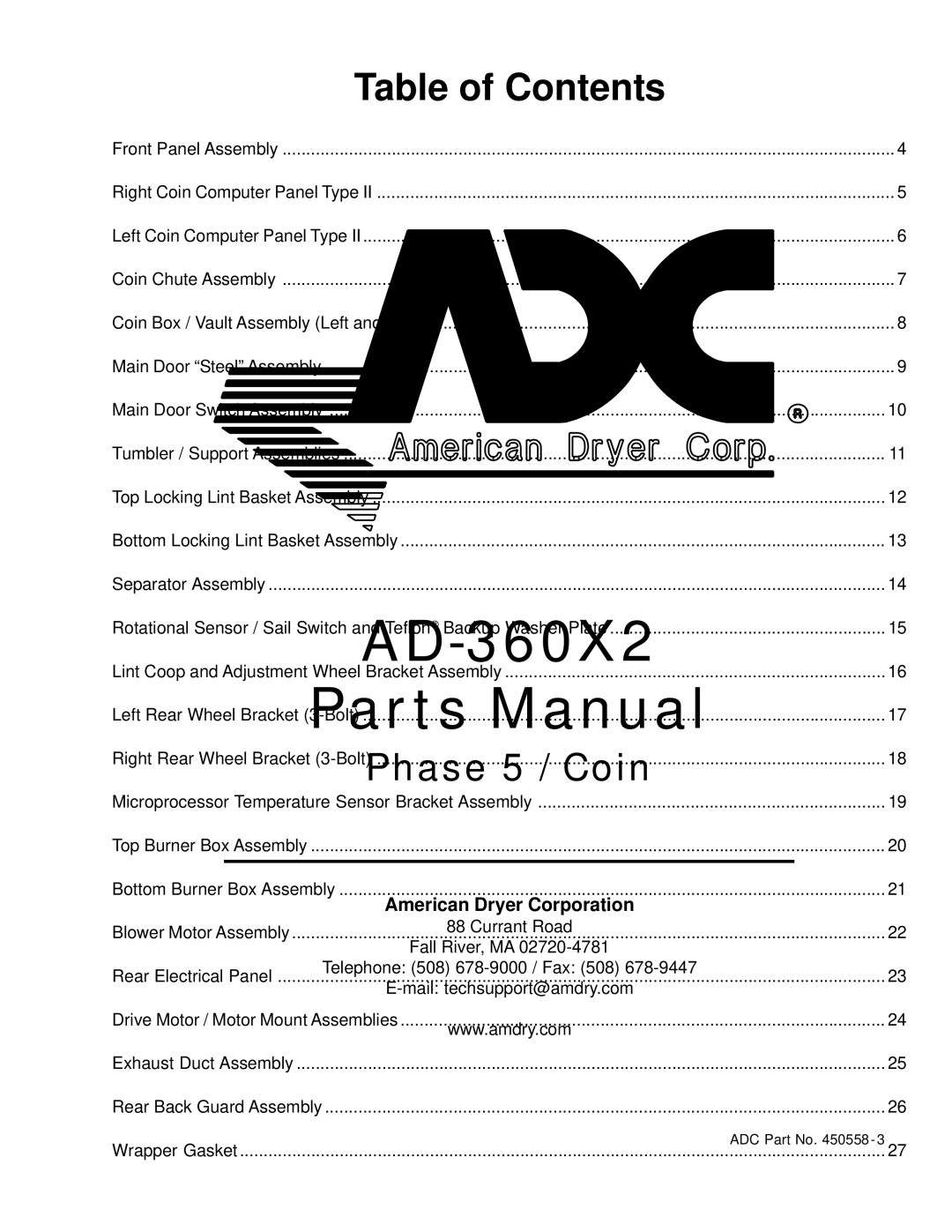 American Dryer Corp AD-360X2 manual Table of Contents 