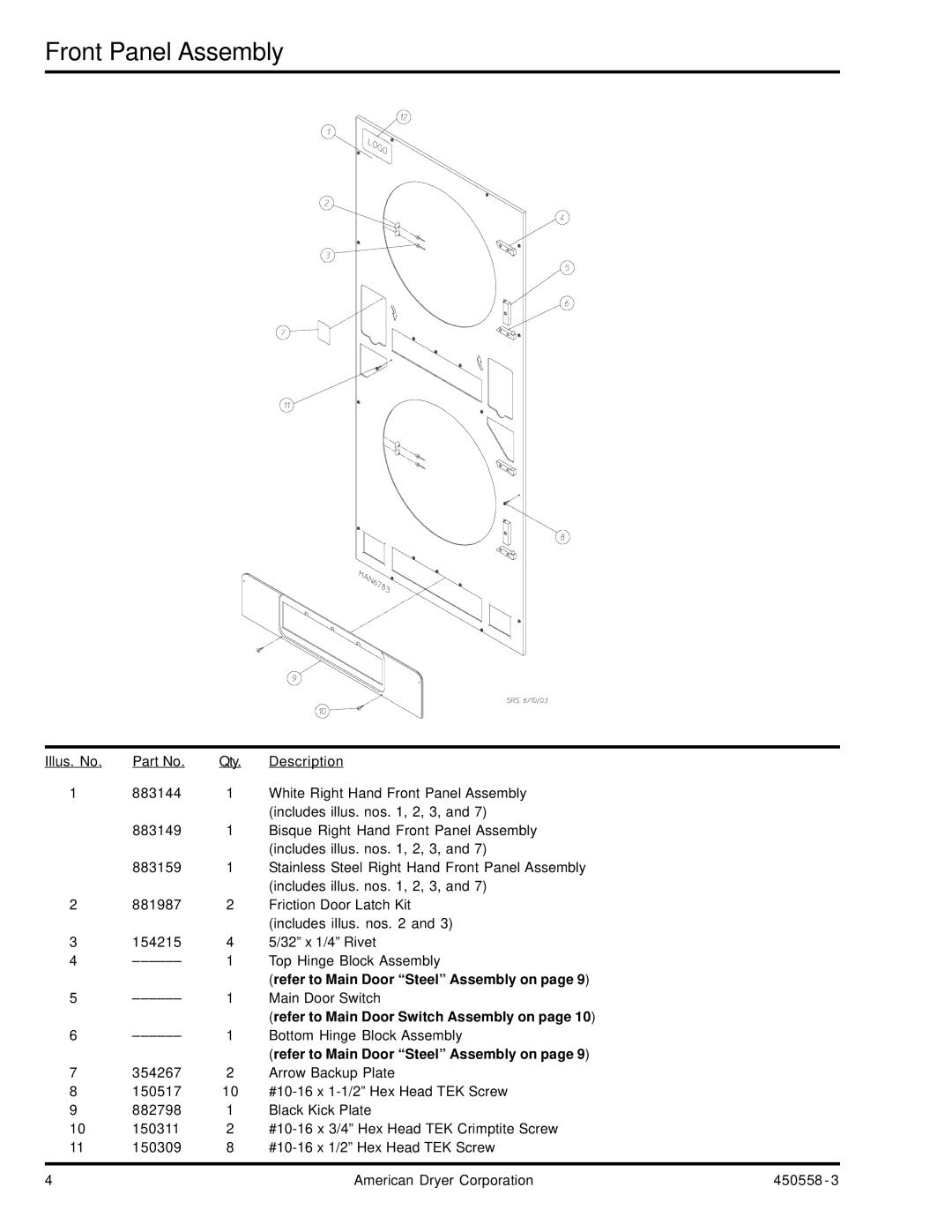 American Dryer Corp AD-360X2 manual Front Panel Assembly 