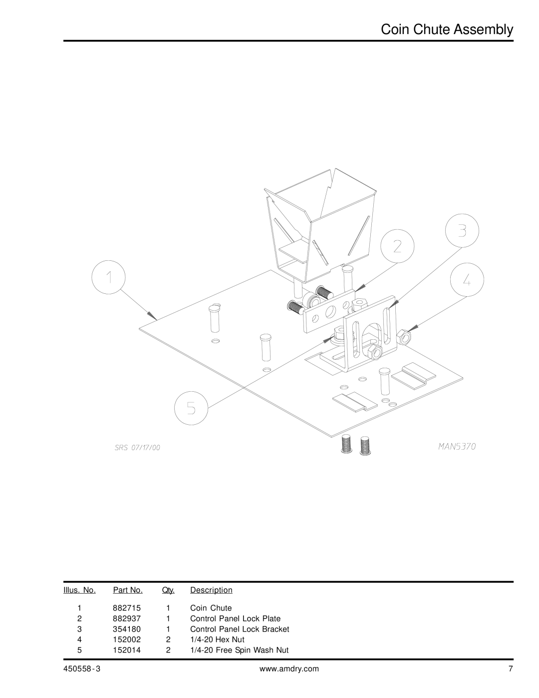 American Dryer Corp AD-360X2 manual Coin Chute Assembly 