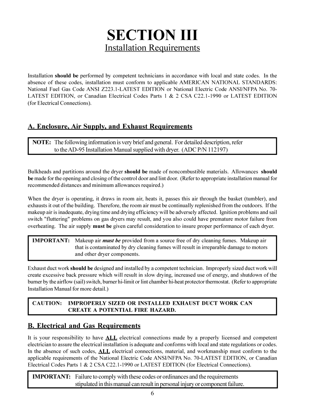 American Dryer Corp AD-95 service manual Enclosure, Air Supply, and Exhaust Requirements, Electrical and Gas Requirements 