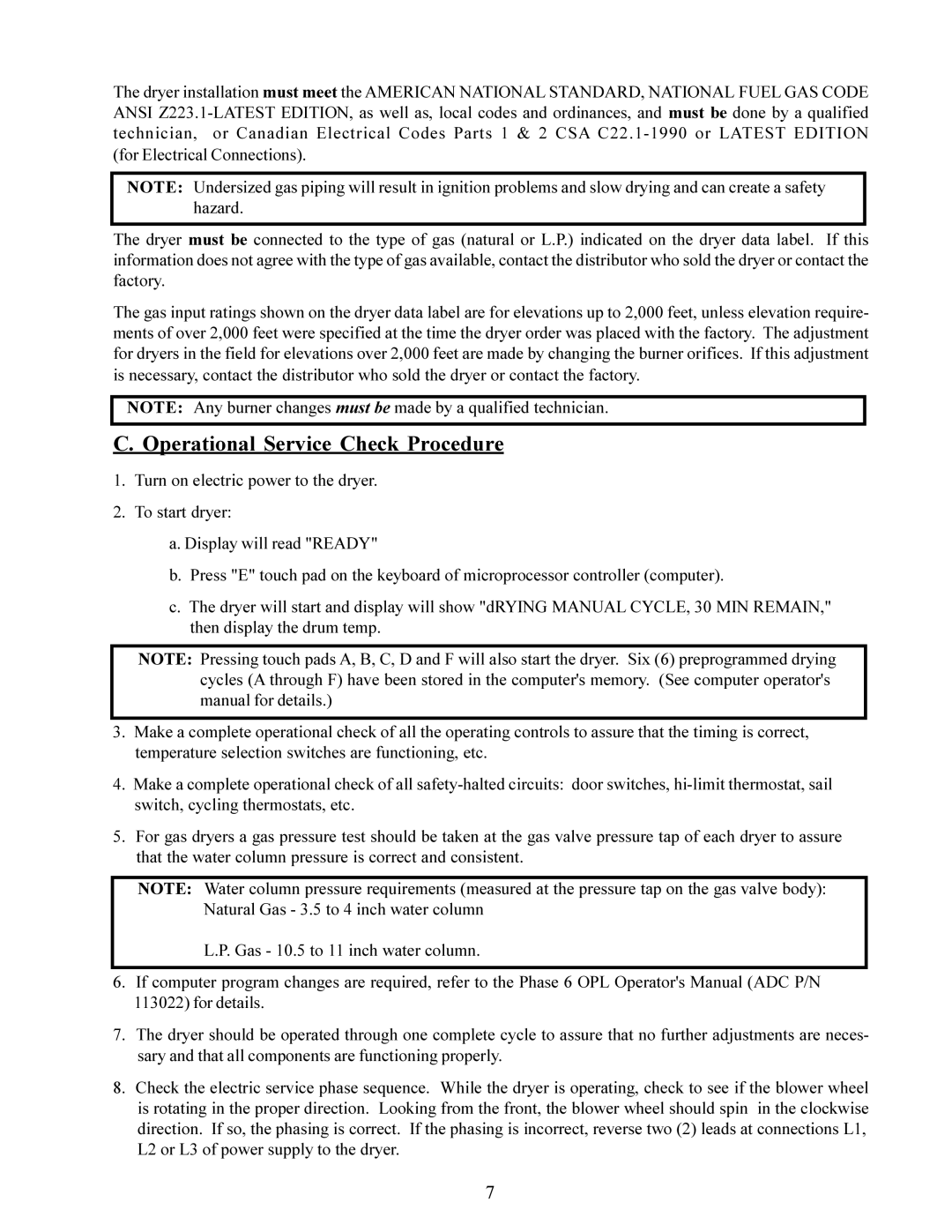 American Dryer Corp AD-95 service manual Operational Service Check Procedure 