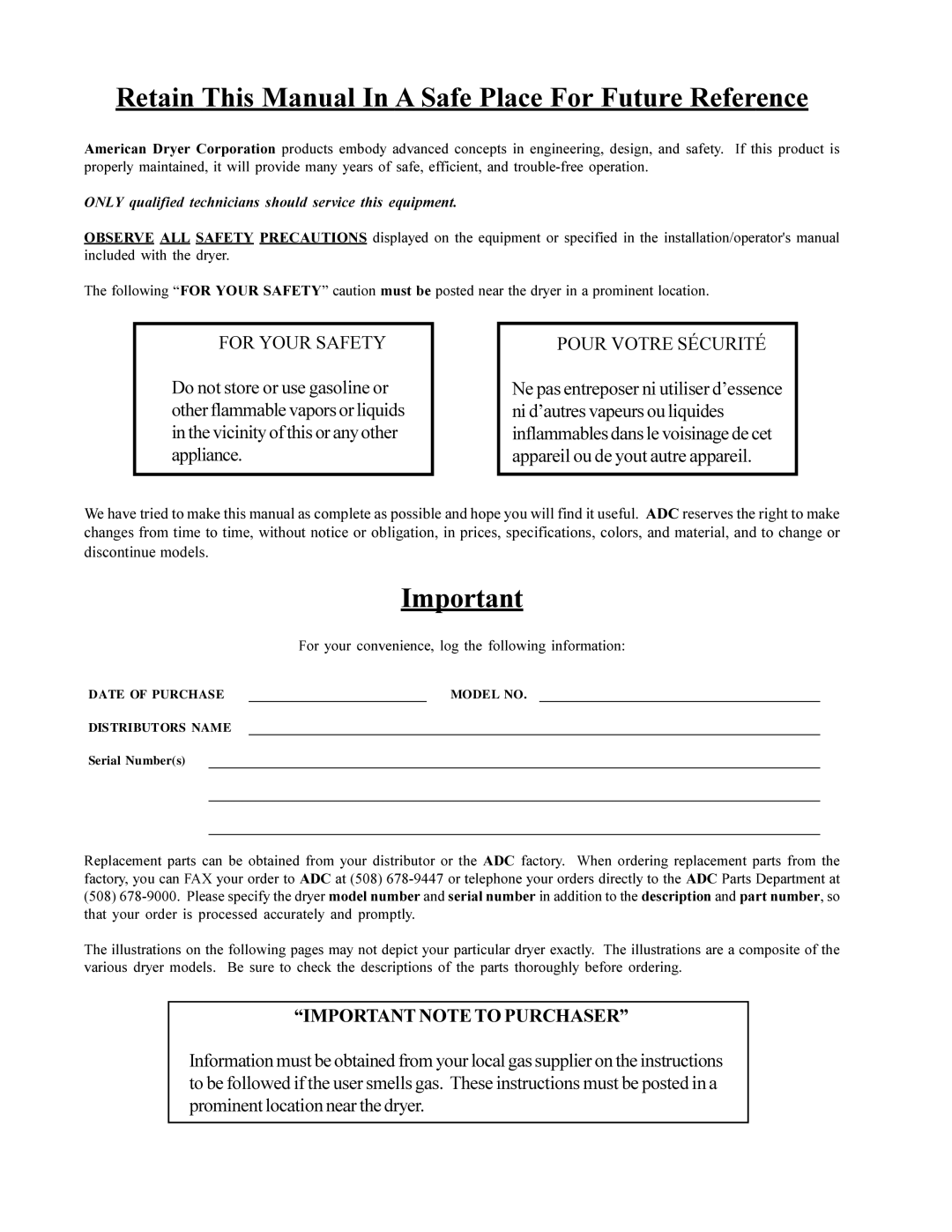 American Dryer Corp AD-95 service manual Retain This Manual In a Safe Place For Future Reference 