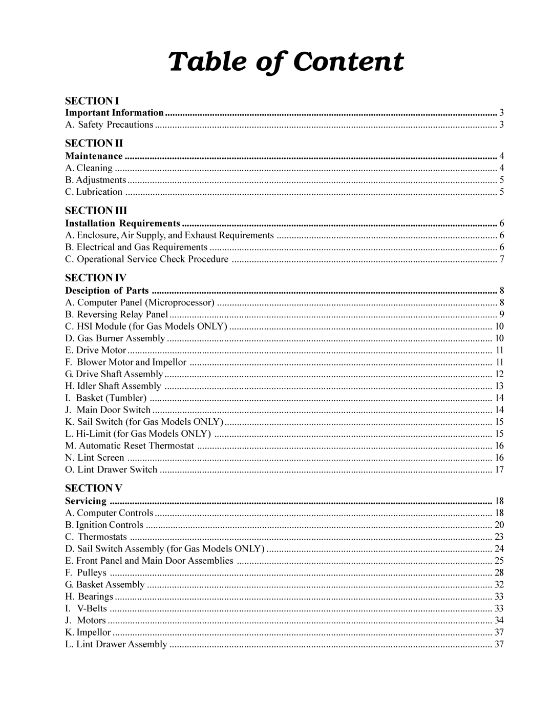 American Dryer Corp AD-95 service manual Table of Content 