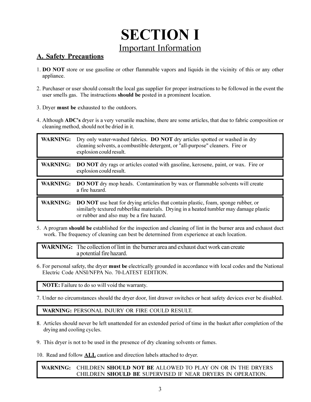 American Dryer Corp AD-95 service manual Section, Safety Precautions 