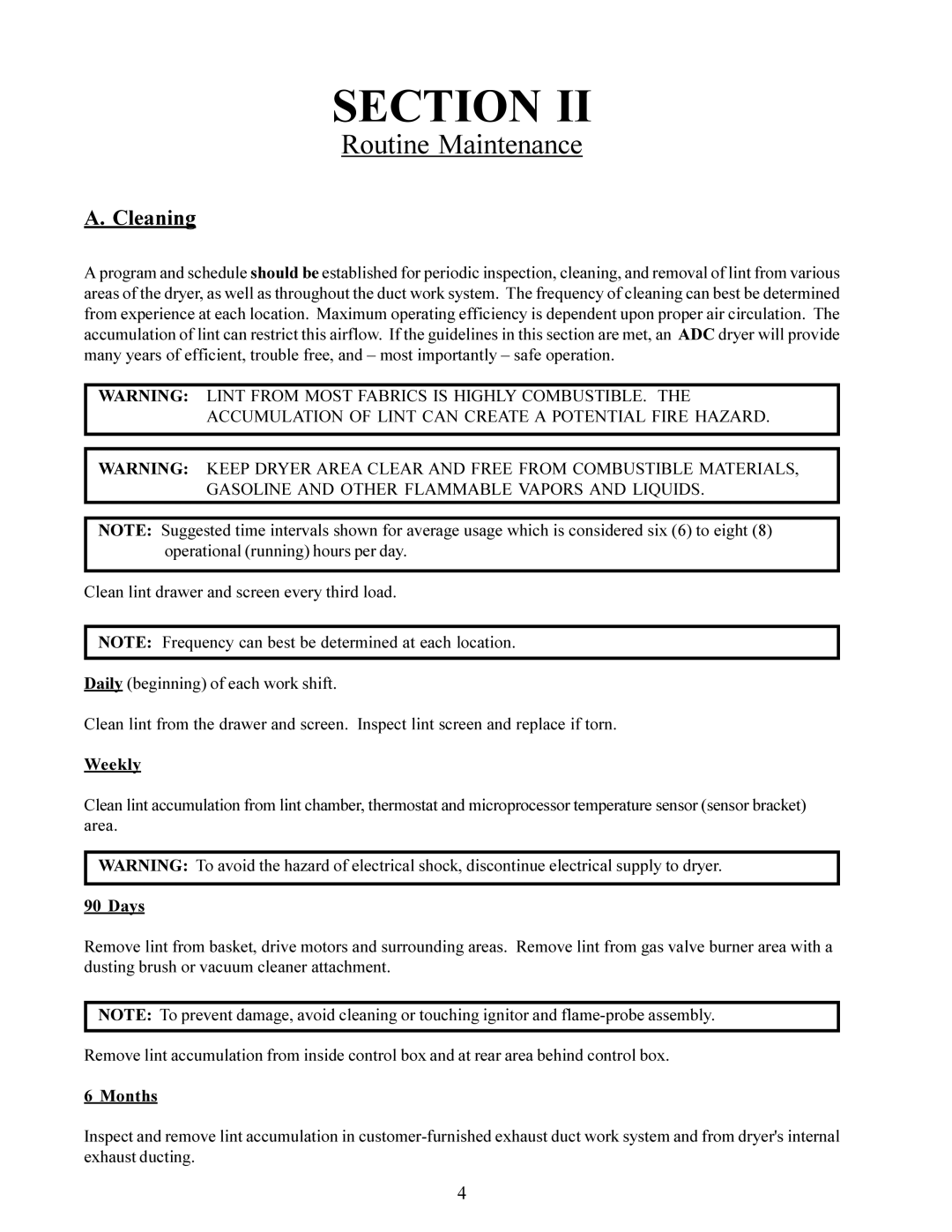 American Dryer Corp AD-95 service manual Cleaning, Weekly, Days, Months 