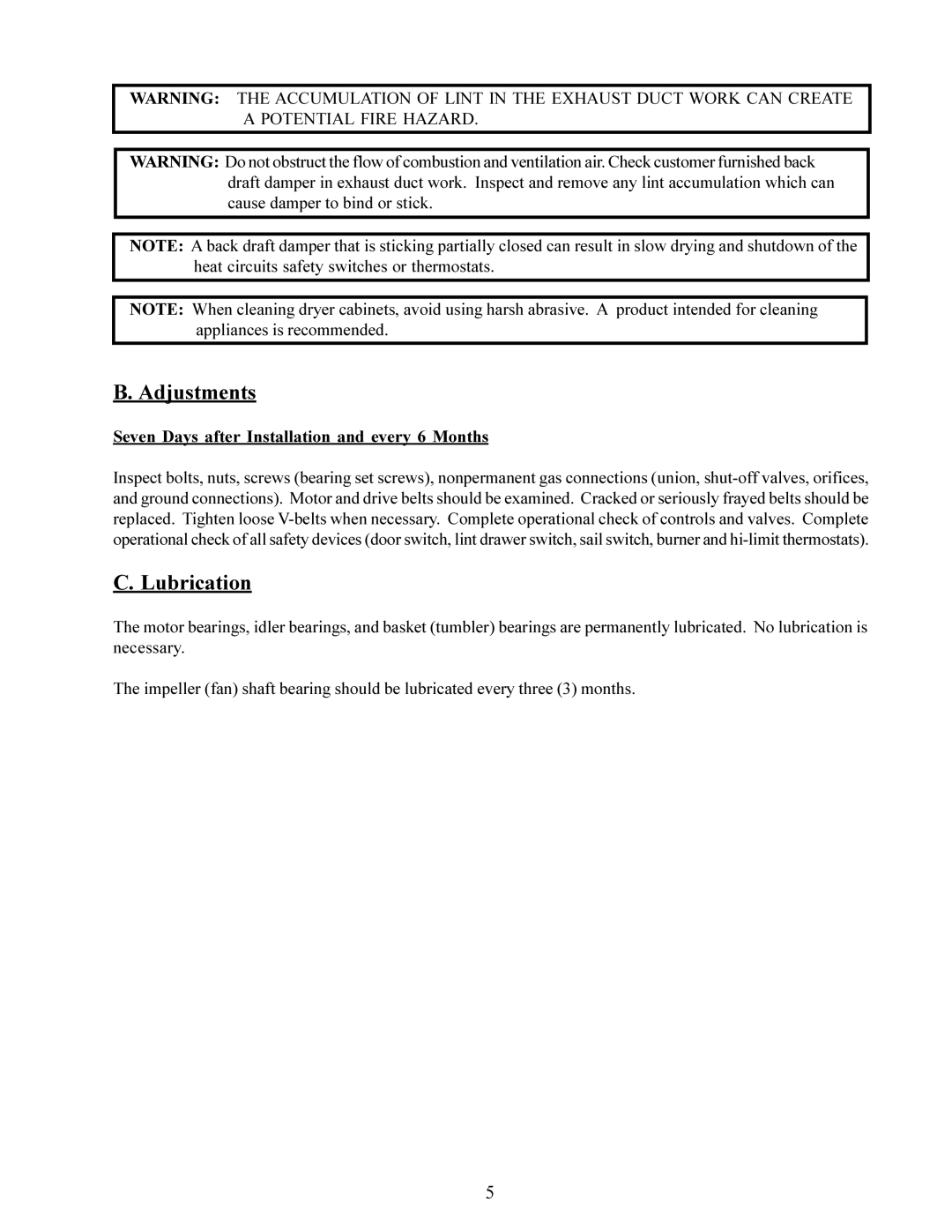 American Dryer Corp AD-95 service manual Adjustments, Lubrication, Seven Days after Installation and every 6 Months 