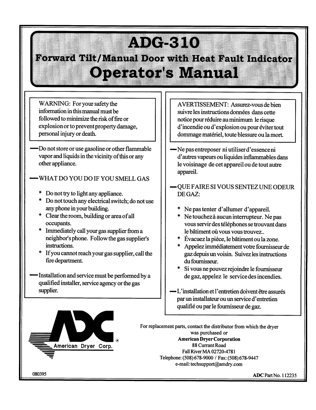 American Dryer Corp ADG-310 manual 