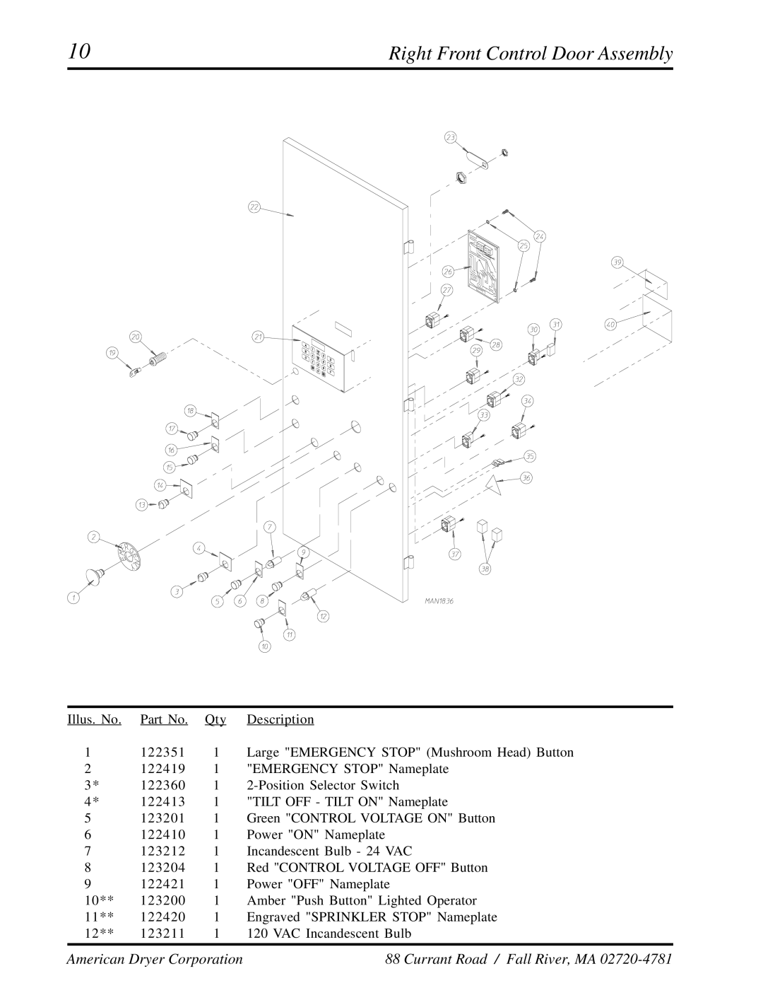 American Dryer Corp ADG-410 manual Right Front Control Door Assembly 