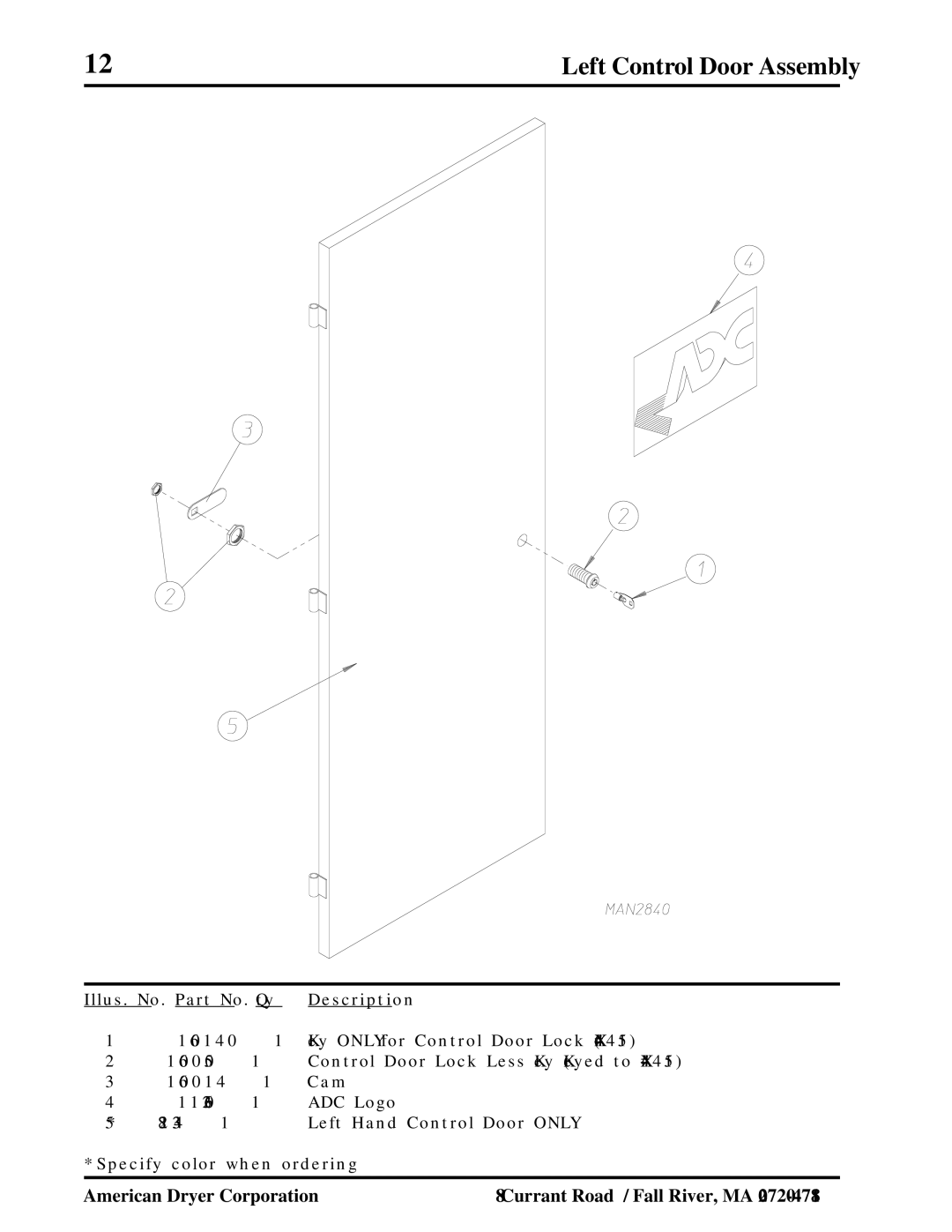 American Dryer Corp ADG-410 manual Left Control Door Assembly 