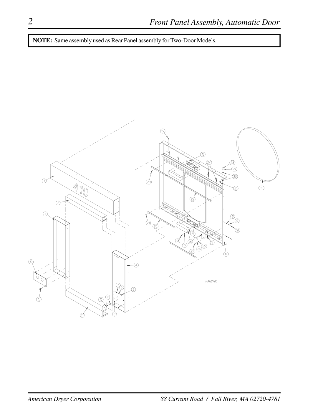 American Dryer Corp ADG-410 manual Front Panel Assembly, Automatic Door 