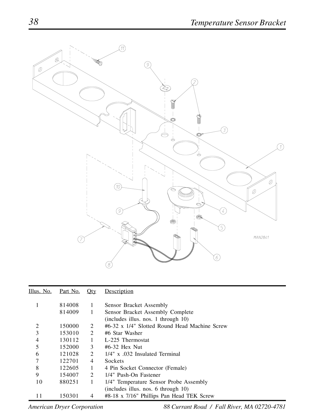 American Dryer Corp ADG-410 manual Temperature Sensor Bracket 