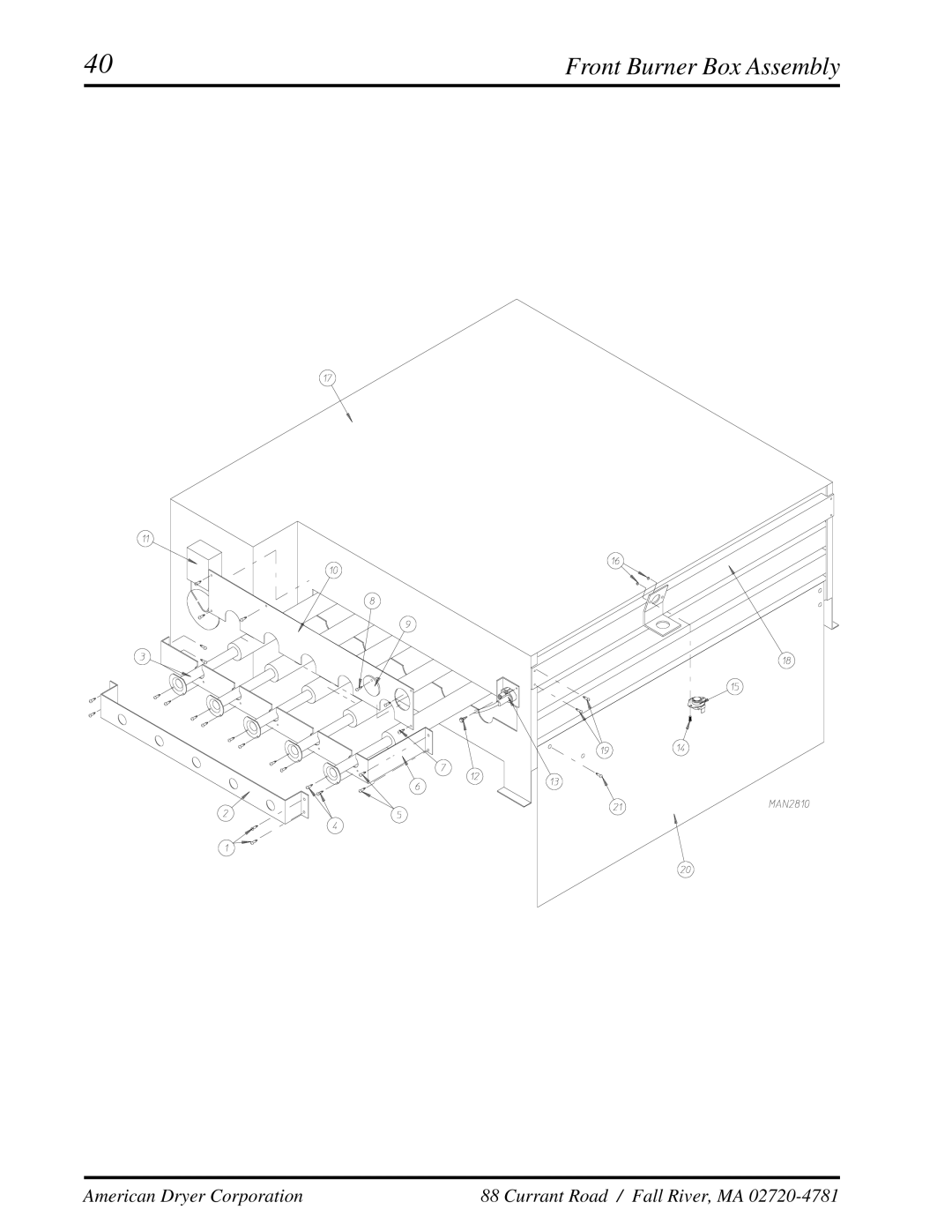 American Dryer Corp ADG-410 manual Front Burner Box Assembly 