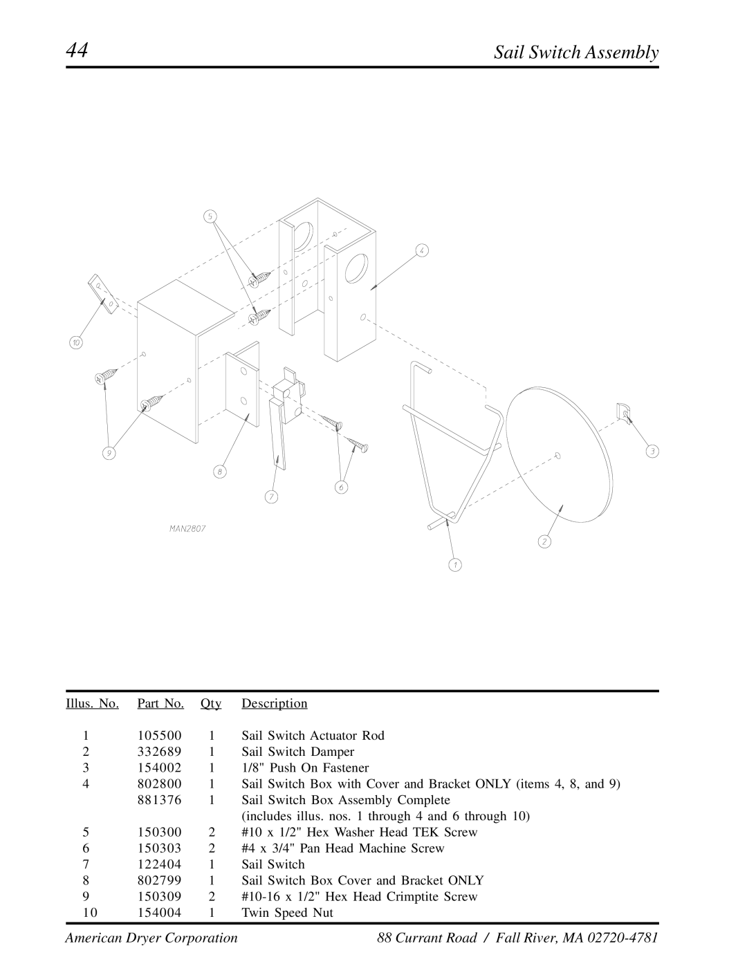 American Dryer Corp ADG-410 manual Sail Switch Assembly 