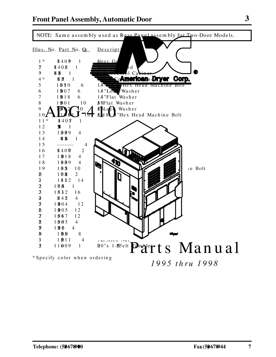 American Dryer Corp ADG-410 manual Telephone 508 Fax 508 