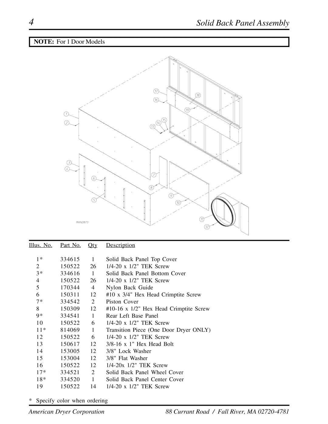 American Dryer Corp ADG-410 manual Solid Back Panel Assembly 