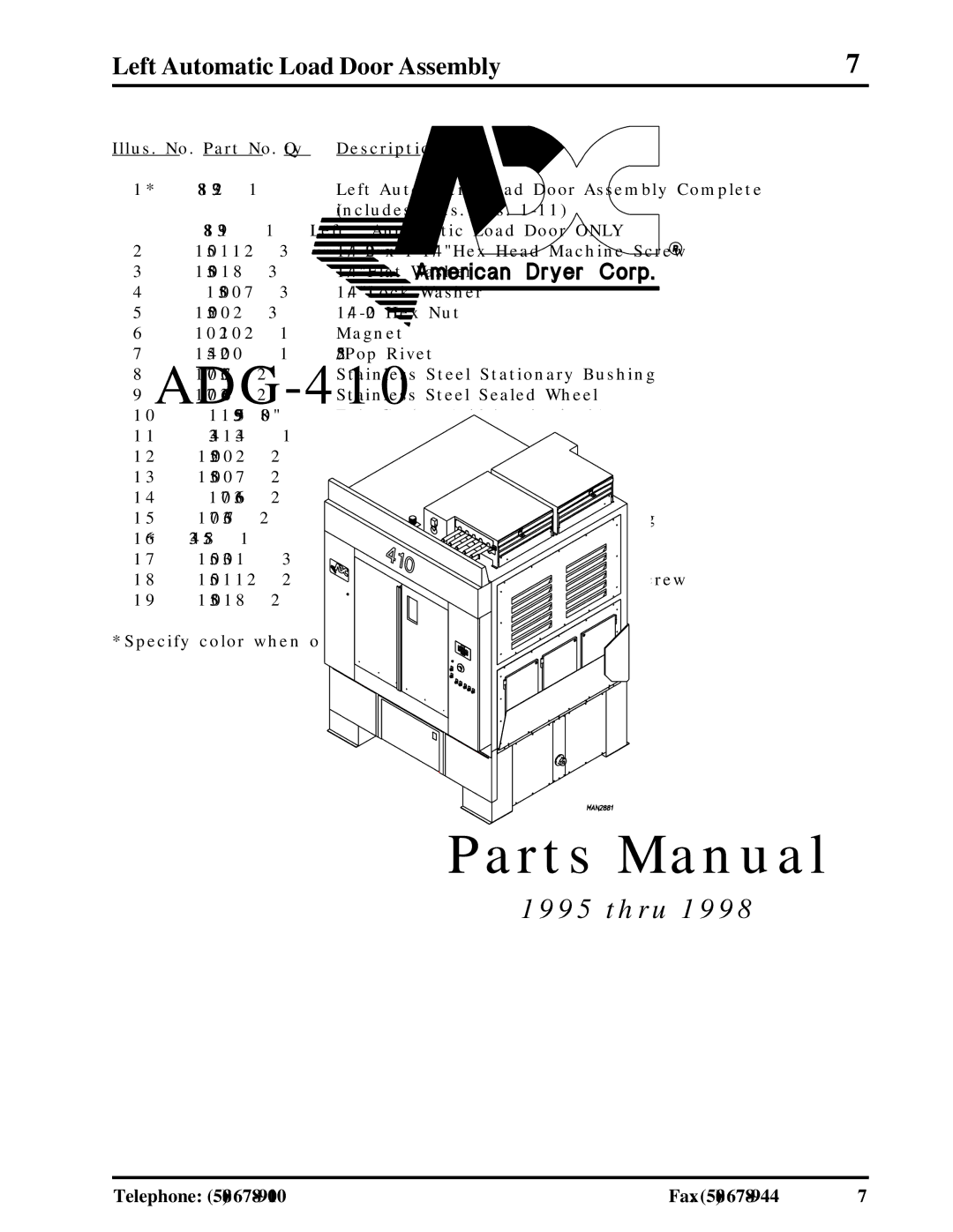 American Dryer Corp ADG-410 manual Left Automatic Load Door Assembly 