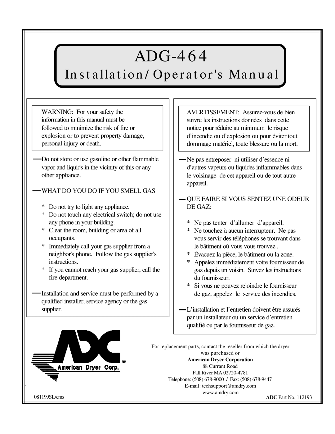 American Dryer Corp ADG-464 manual 