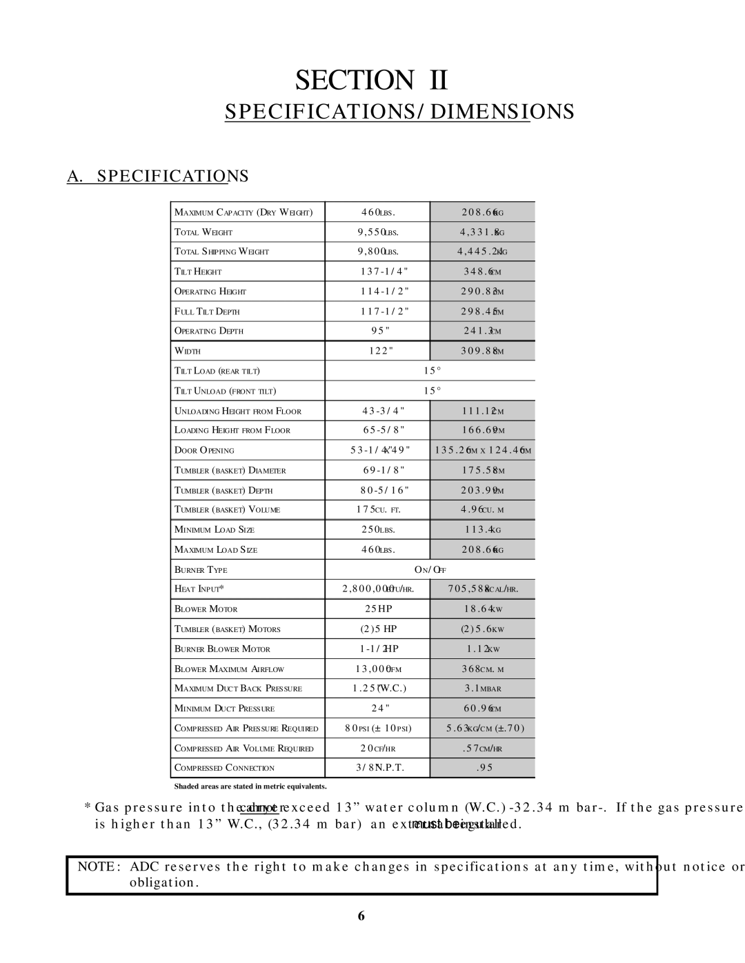 American Dryer Corp ADG-464 manual Specifications/Dimensions 