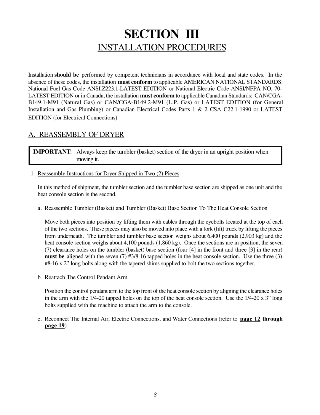 American Dryer Corp ADG-464 manual Installation Procedures, Reassembly of Dryer 