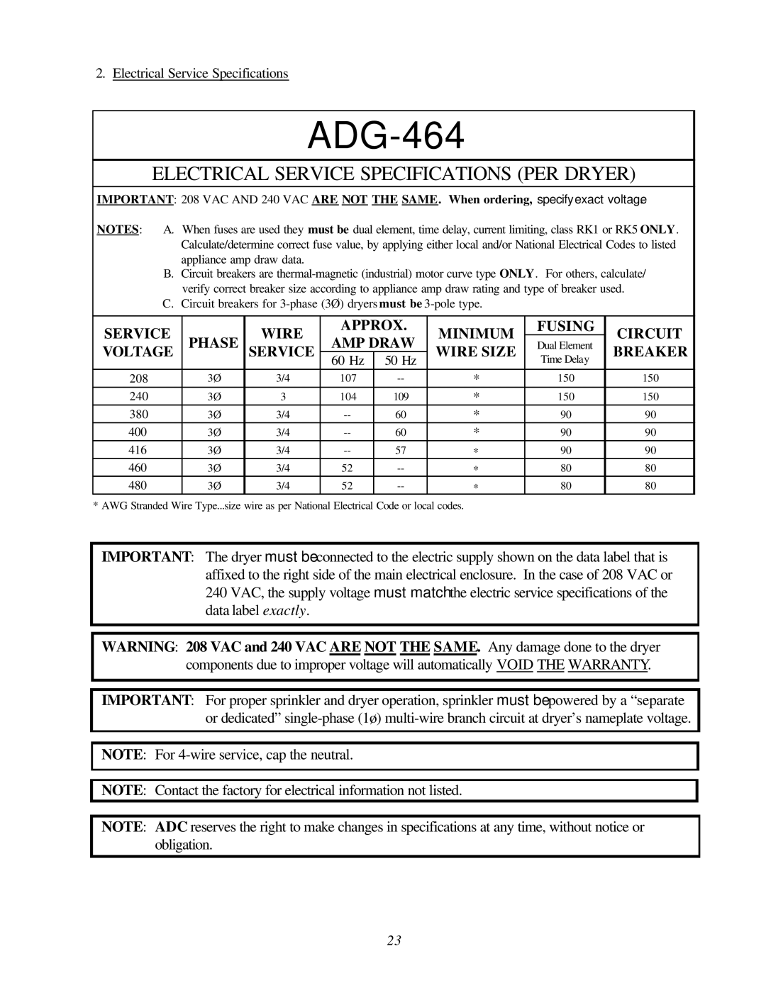 American Dryer Corp ADG-464 manual Electrical Service Specifications PER Dryer 