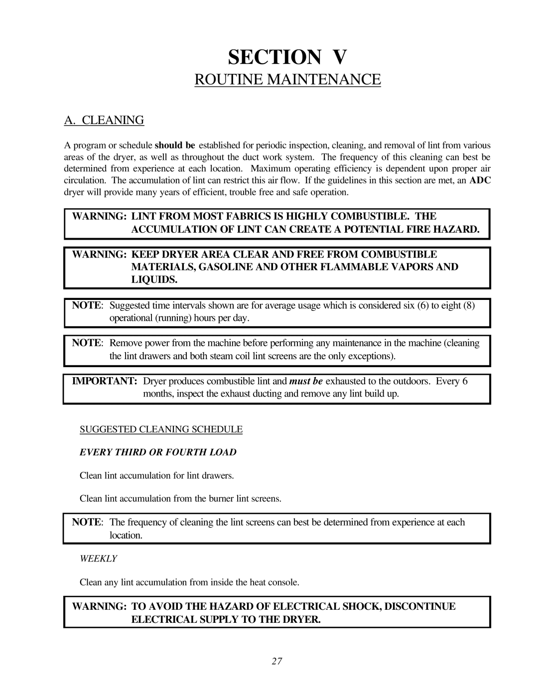 American Dryer Corp ADG-464 manual Routine Maintenance, Cleaning 