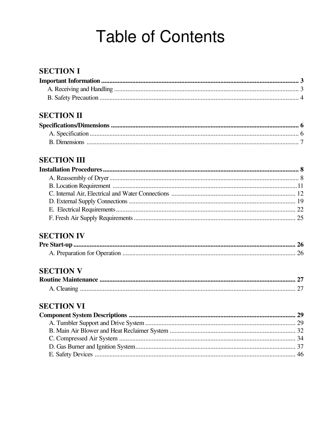 American Dryer Corp ADG-464 manual Table of Contents 